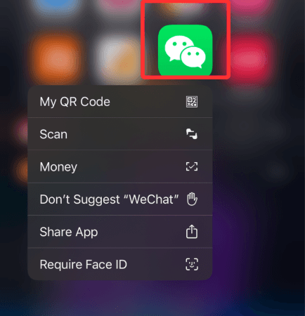 A demonstration of long-pressing the WeChat app icon, revealing shortcuts for Scan, Pay, and My QR Code.