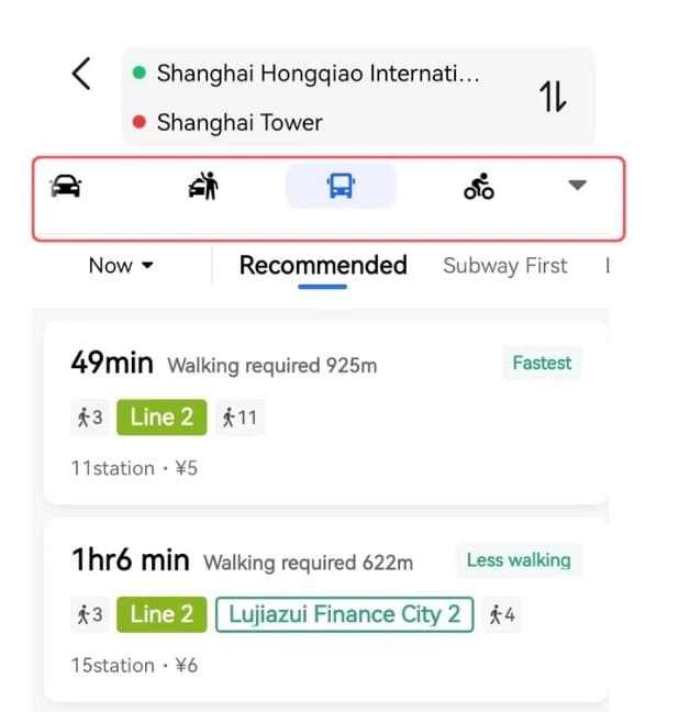 Amap transportation mode selection interface showing driving, taxi, public transit, cycling and walking options
